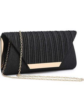 Women's Glitter Black Clutch With Detachable Chain Wedding Formal Evening Bag
